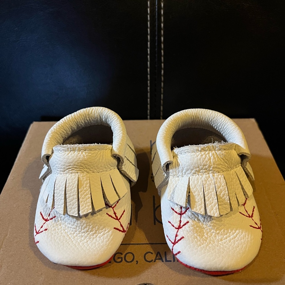 Bird Rock Baby brand “Home Run” genuine leather baby moccasins. NEVER WORN
